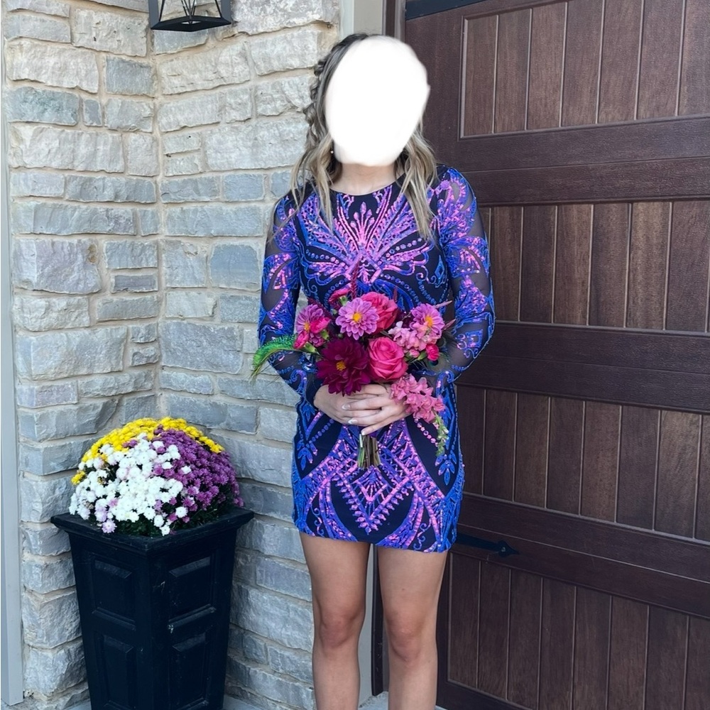 Blondie Nites Vibrant Blue and Pink Long Sleeve Dress